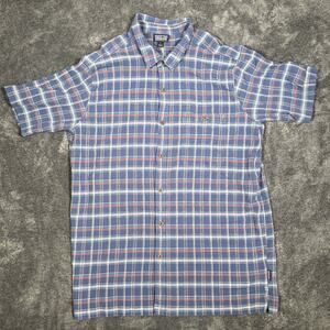 Patagonia Button Shirt Mens L Blue White Check Short Sleeve Organic Cotton